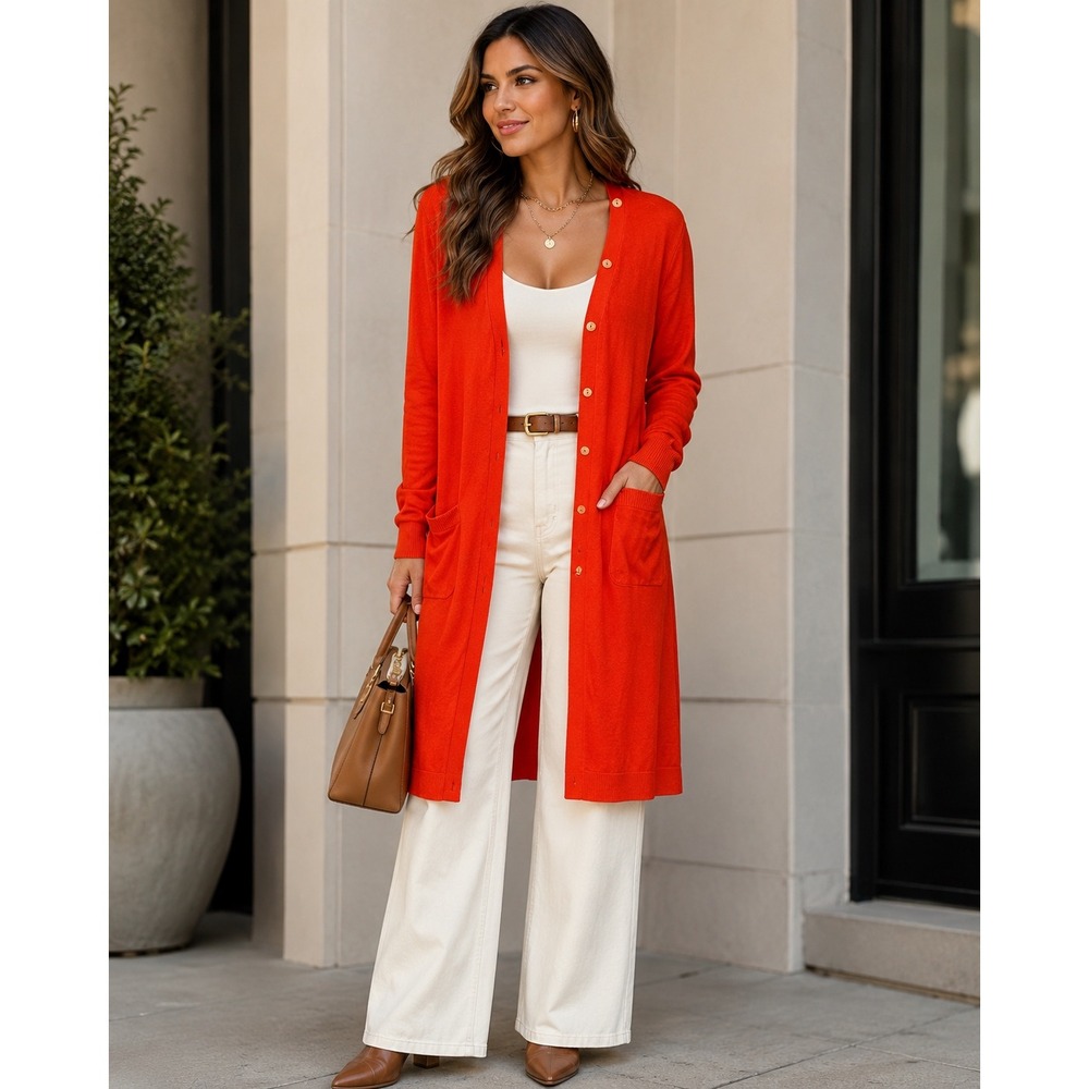 Lafayette 148 New York Women's Large Orange Longline Cardigan Cotton Blend Luxe